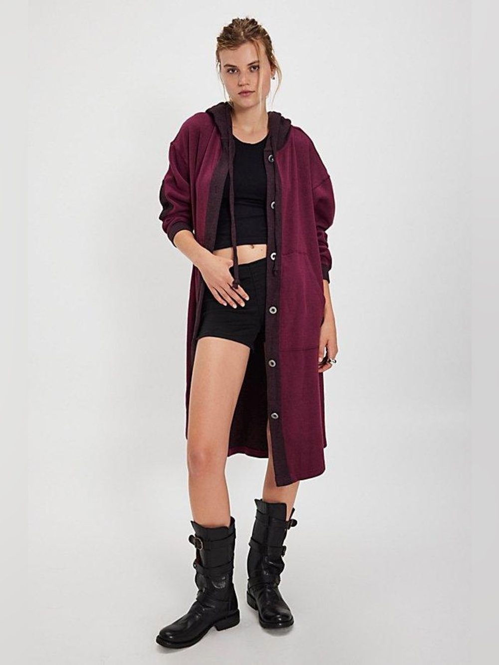 Free People Long Hooded Button-Front Trench Coat in Wine